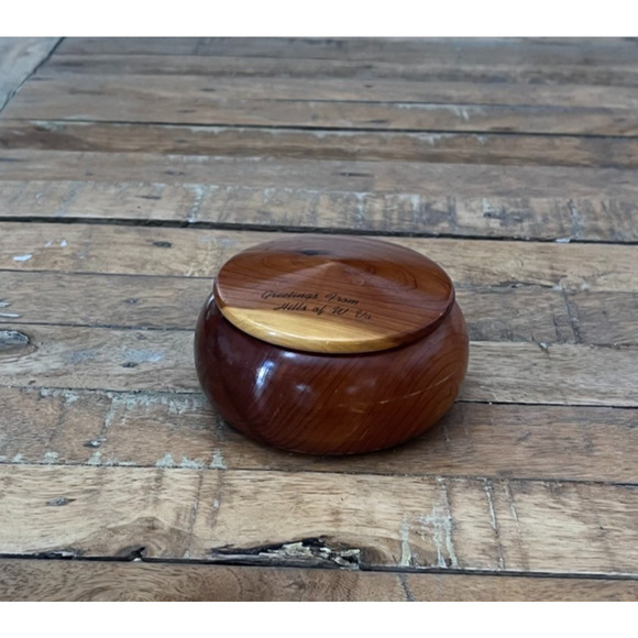 Wooden Other - Hand Turned Round Wooden Stone Bowl Lidded Container 3.7" Engraved